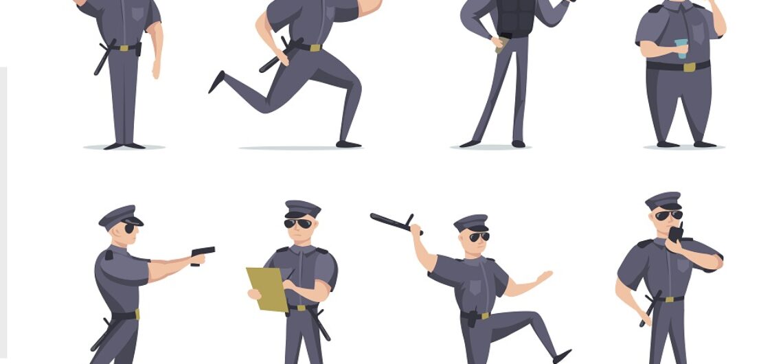 Funny American policeman in different poses flat item set. Cartoon character in cop outfit with gun isolated vector illustration collection. Police and security concept